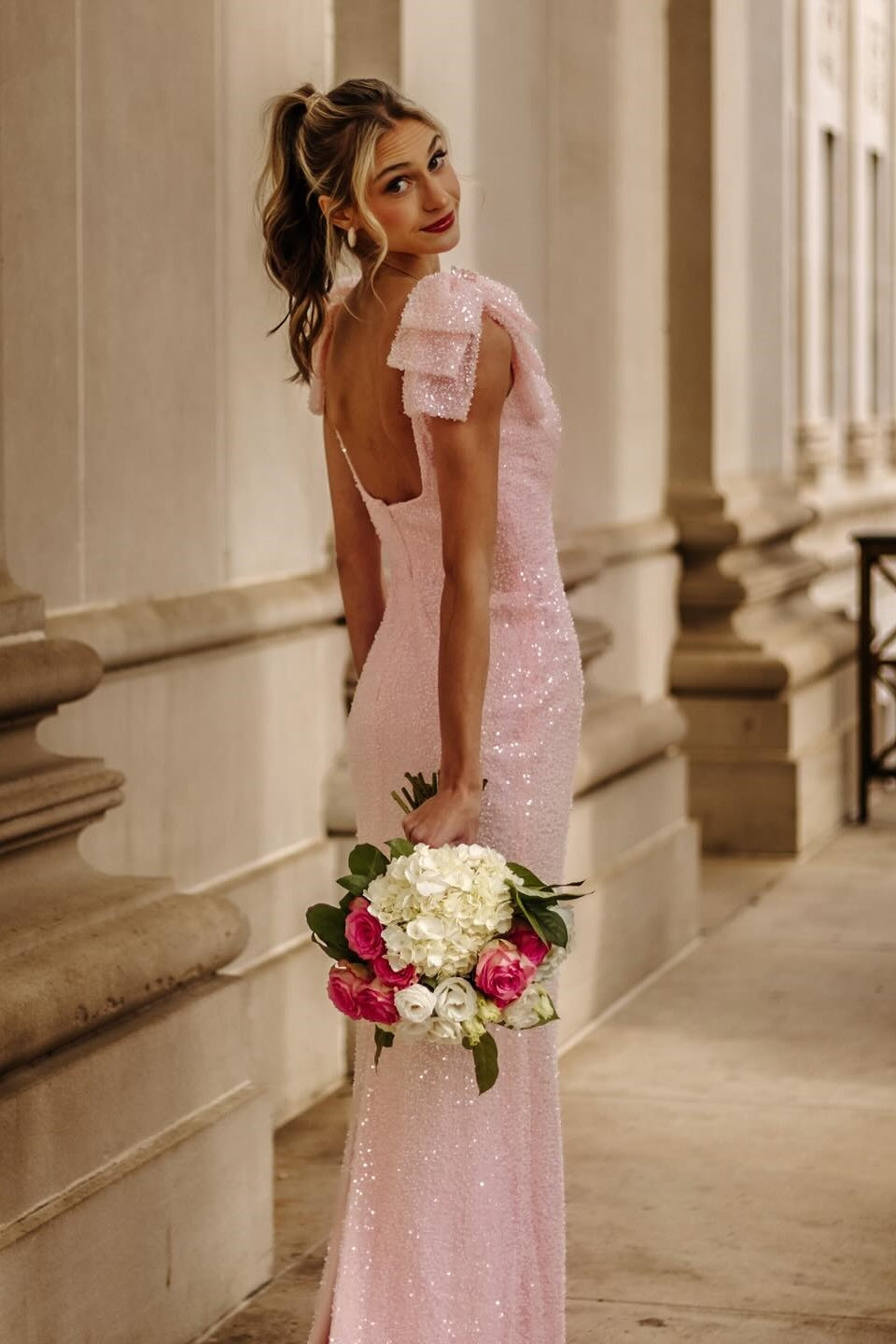 Pink Sequin Bow Fitted Dress