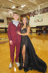 Black Straps V-Neck Beaded Train Dress