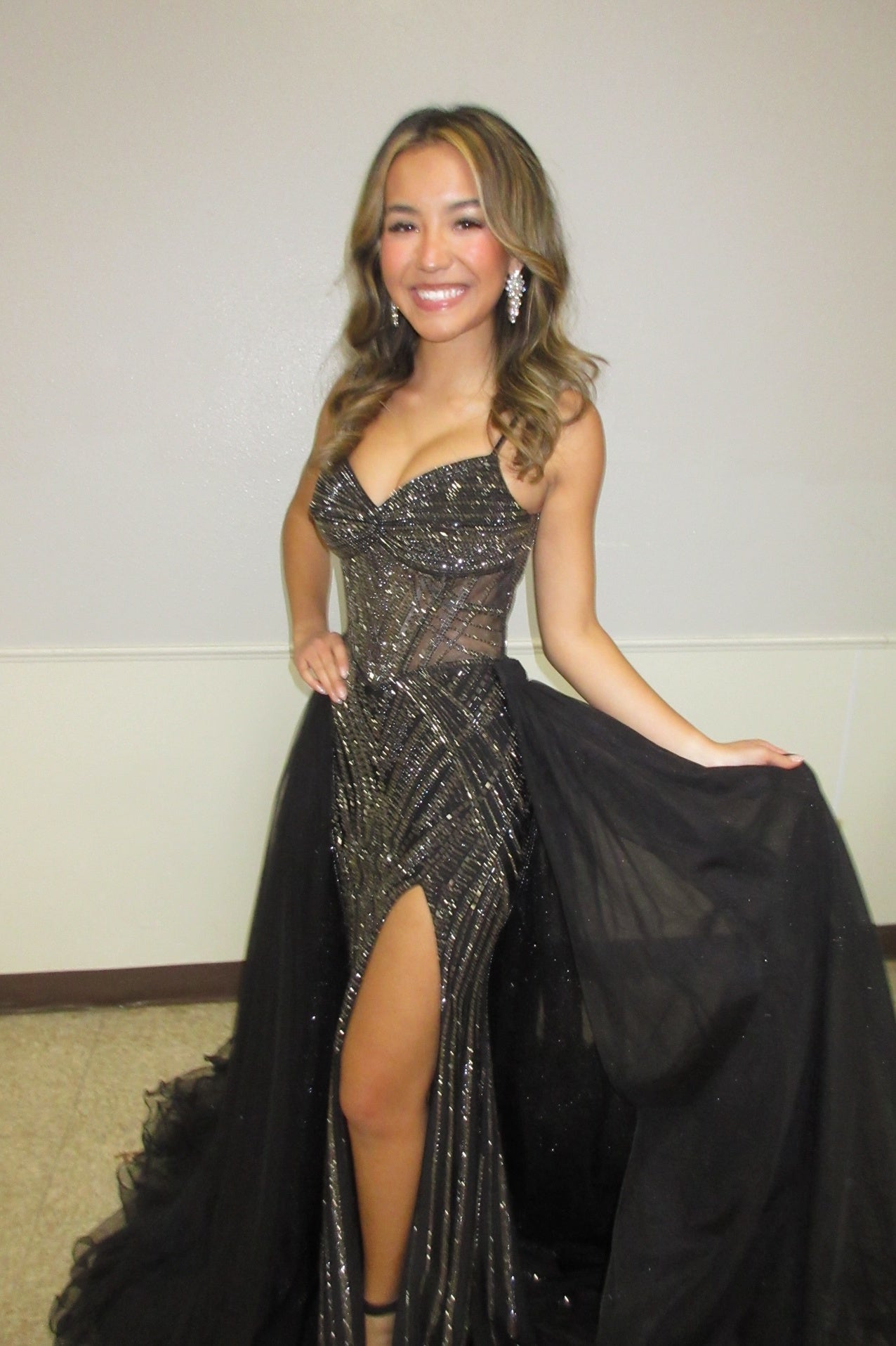 Black Straps V-Neck Beaded Train Dress