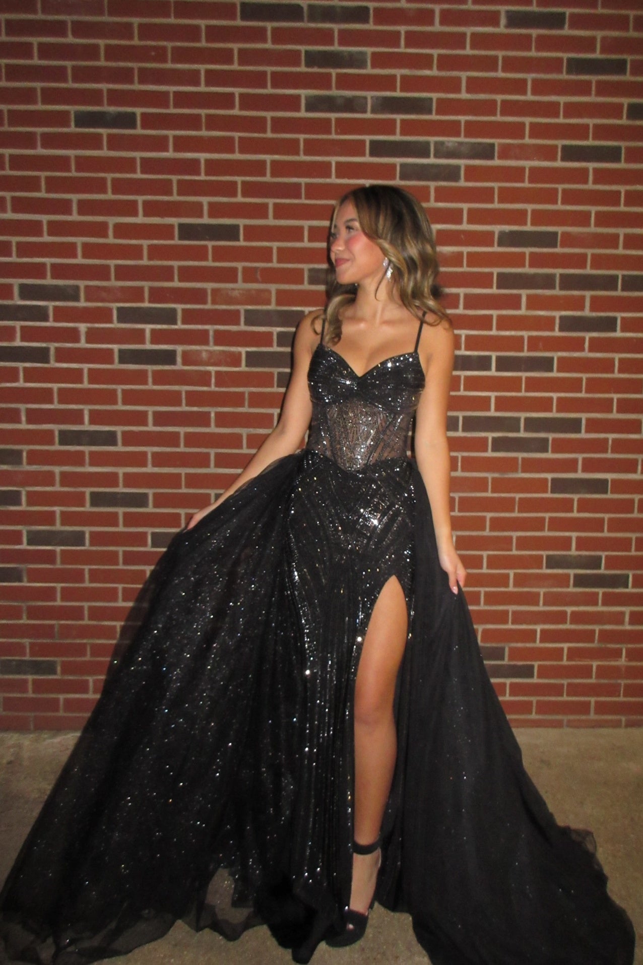 Black Straps V-Neck Beaded Train Dress