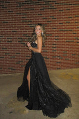 Black Straps V-Neck Beaded Train Dress