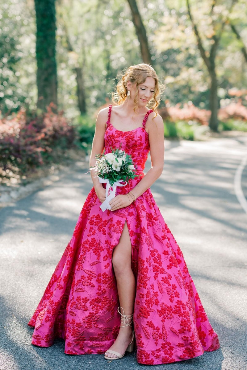 Floral Jacquard Fuchsia A-line Long Prom Dress