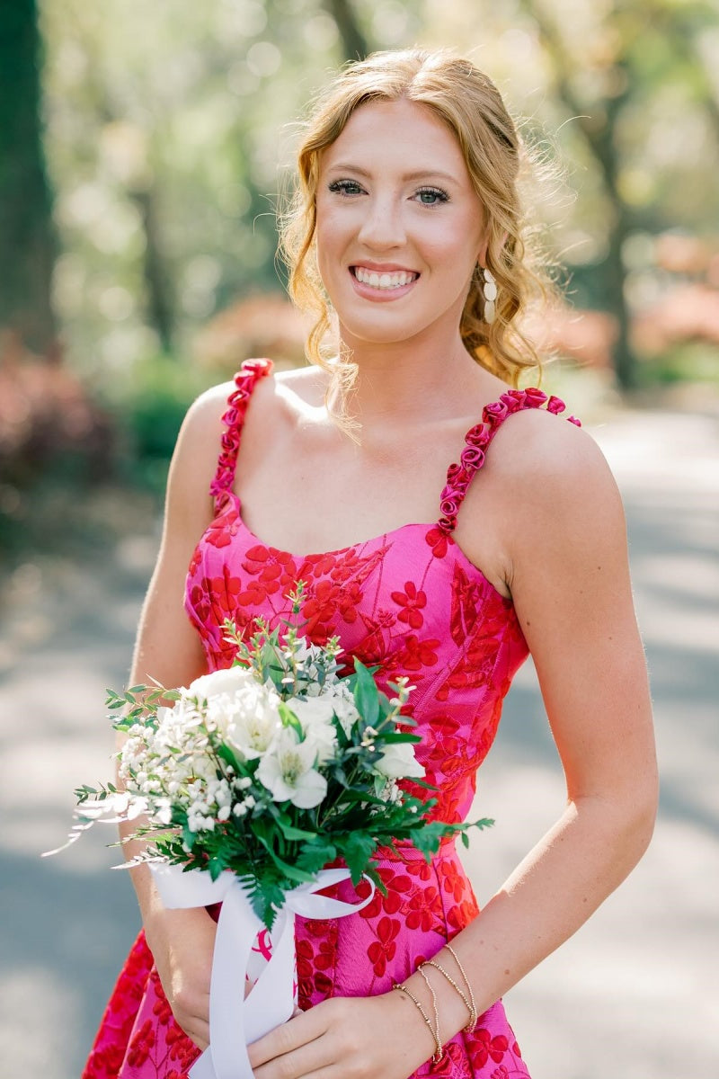 Floral Jacquard Fuchsia A-line Long Prom Dress
