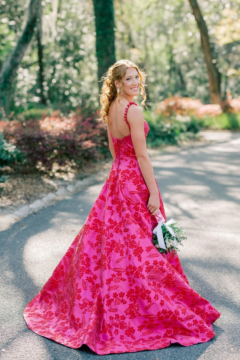 Floral Jacquard Fuchsia A-line Long Prom Dress