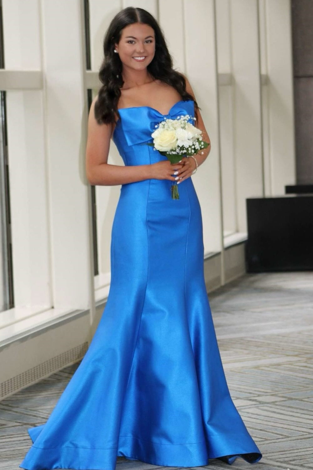 Blue Satin Mermaid Dress with Bow