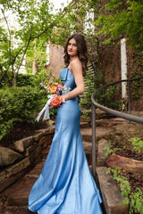 Blue Satin Mermaid Dress with Bow