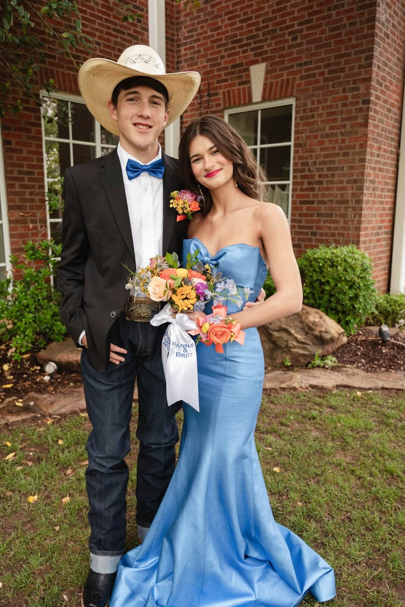 Blue Satin Mermaid Dress with Bow