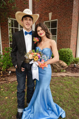 Blue Satin Mermaid Dress with Bow