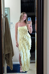 Yellow Strapless Ruffle Fittted Formal Dress