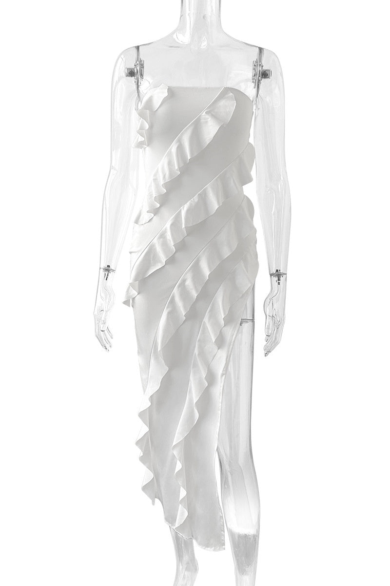 Yellow Strapless Ruffle Fittted Formal Dress