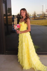 Straps Yellow Chiffon Ruffle A-line Long Dress