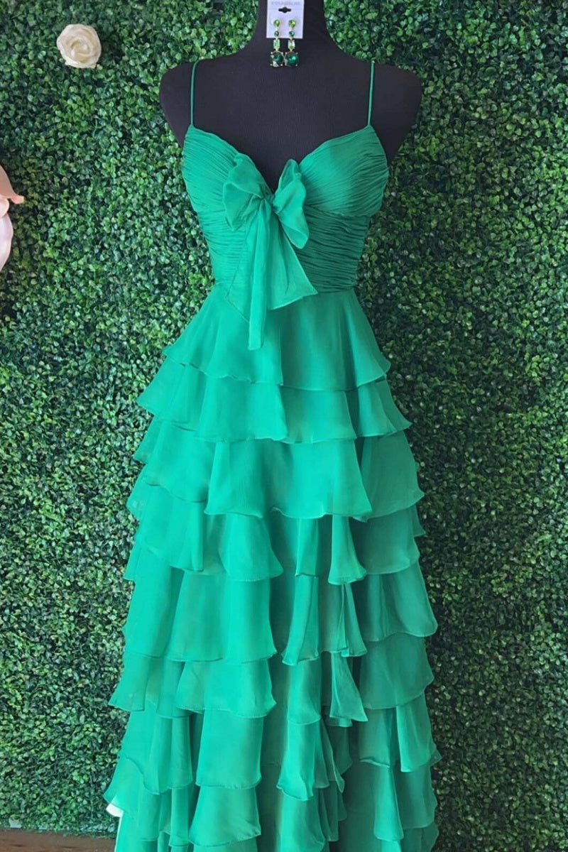 Straps Yellow Chiffon Ruffle A-line Long Dress