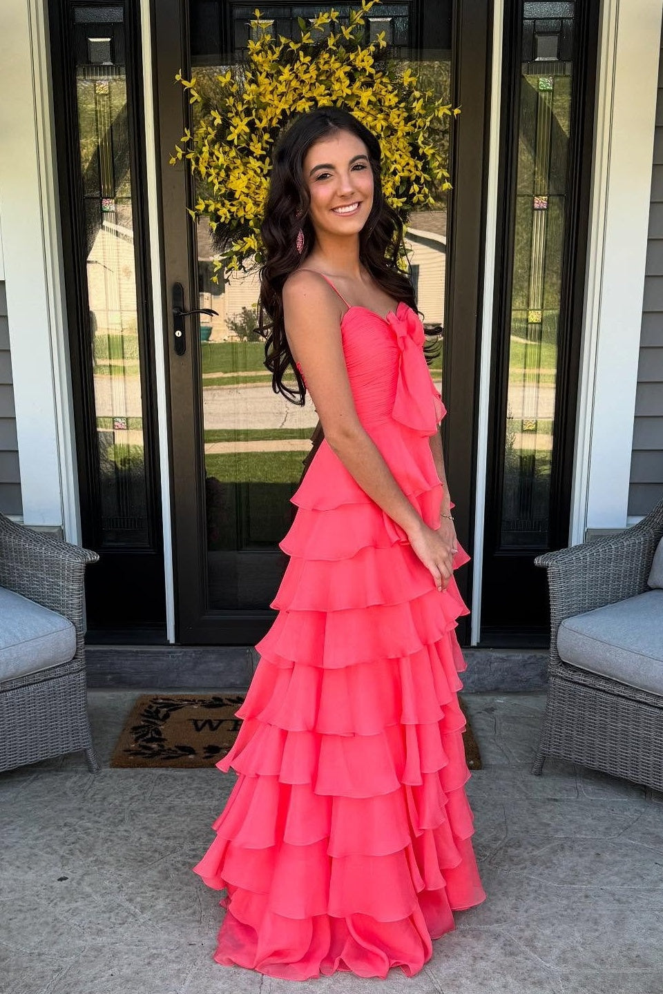 Straps Yellow Chiffon Ruffle A-line Long Dress