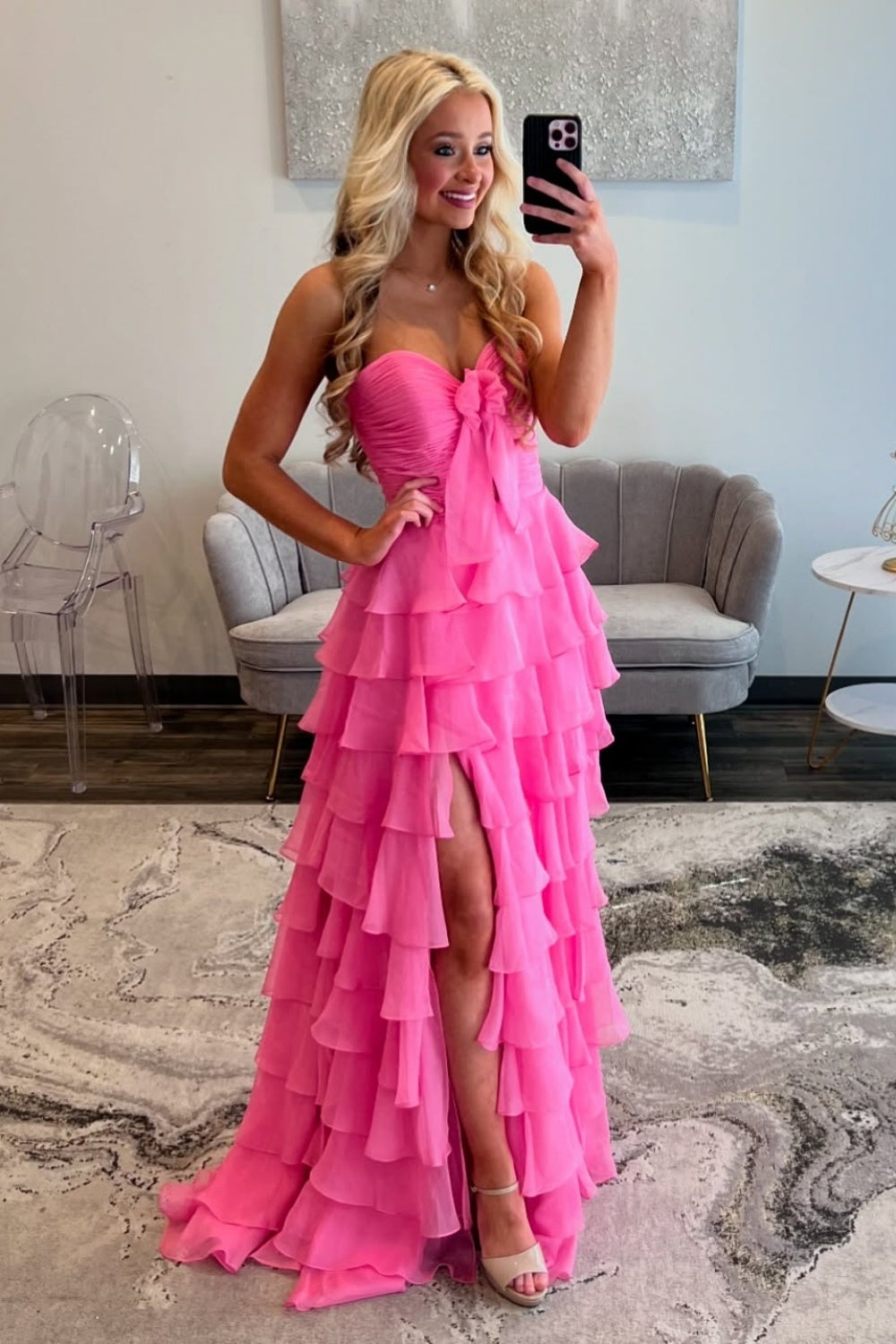 Straps Yellow Chiffon Ruffle A-line Long Dress