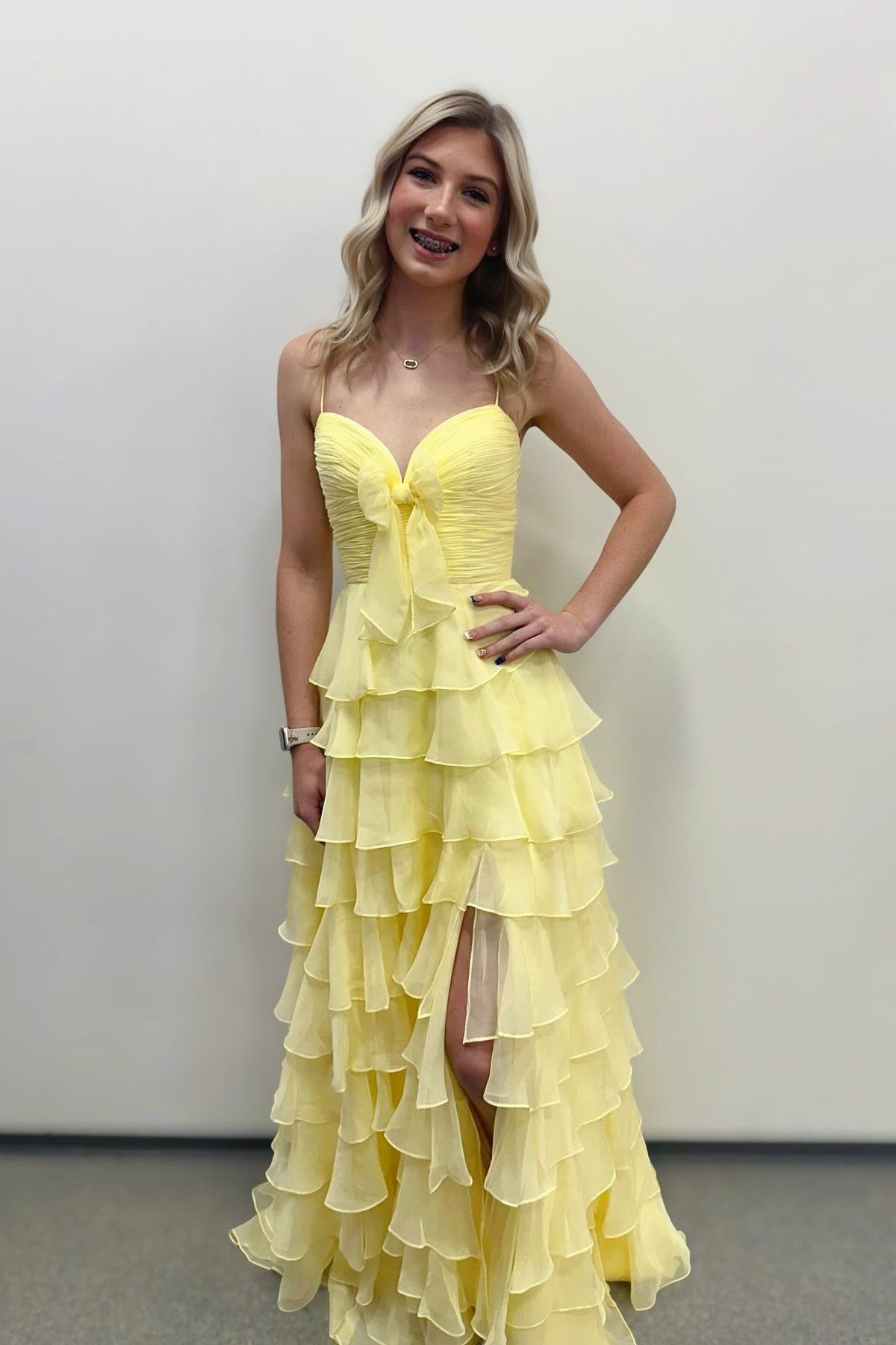 Straps Yellow Chiffon Ruffle A-line Long Dress