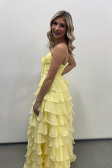 Straps Yellow Chiffon Ruffle A-line Long Dress