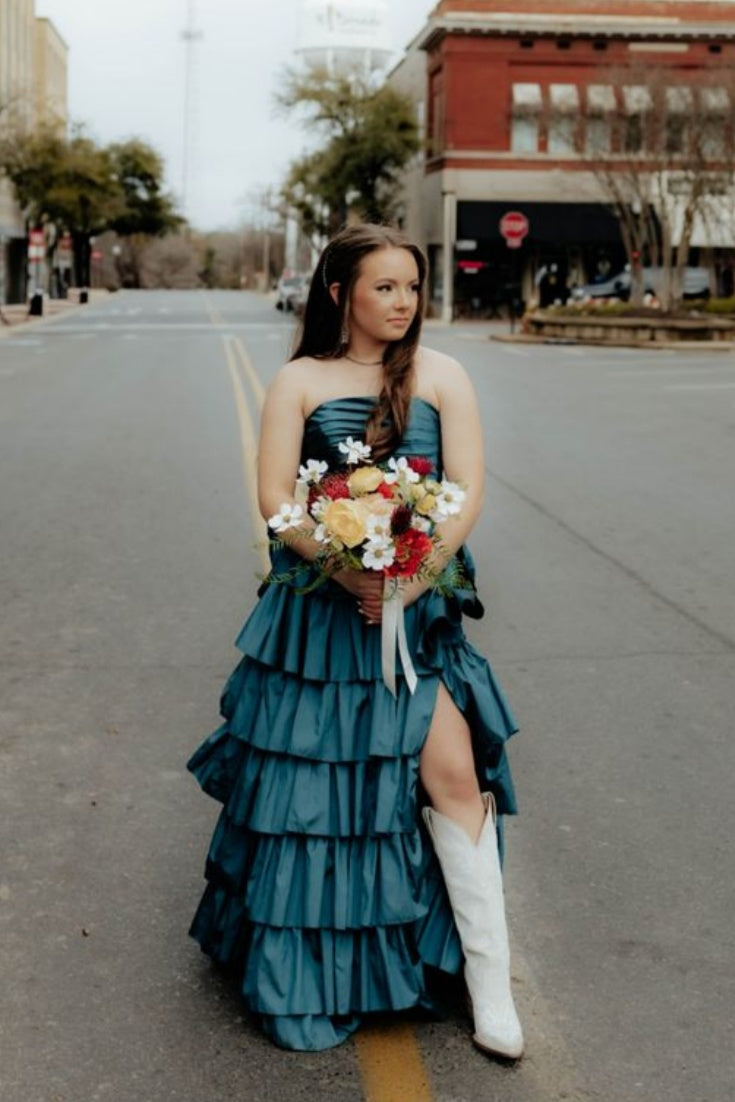 Royal Blue Strapless A-Line Ruffled Dress with Slit