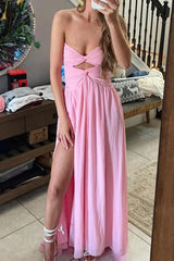 Pink A-Line Cutout Sweetheart Long Dress