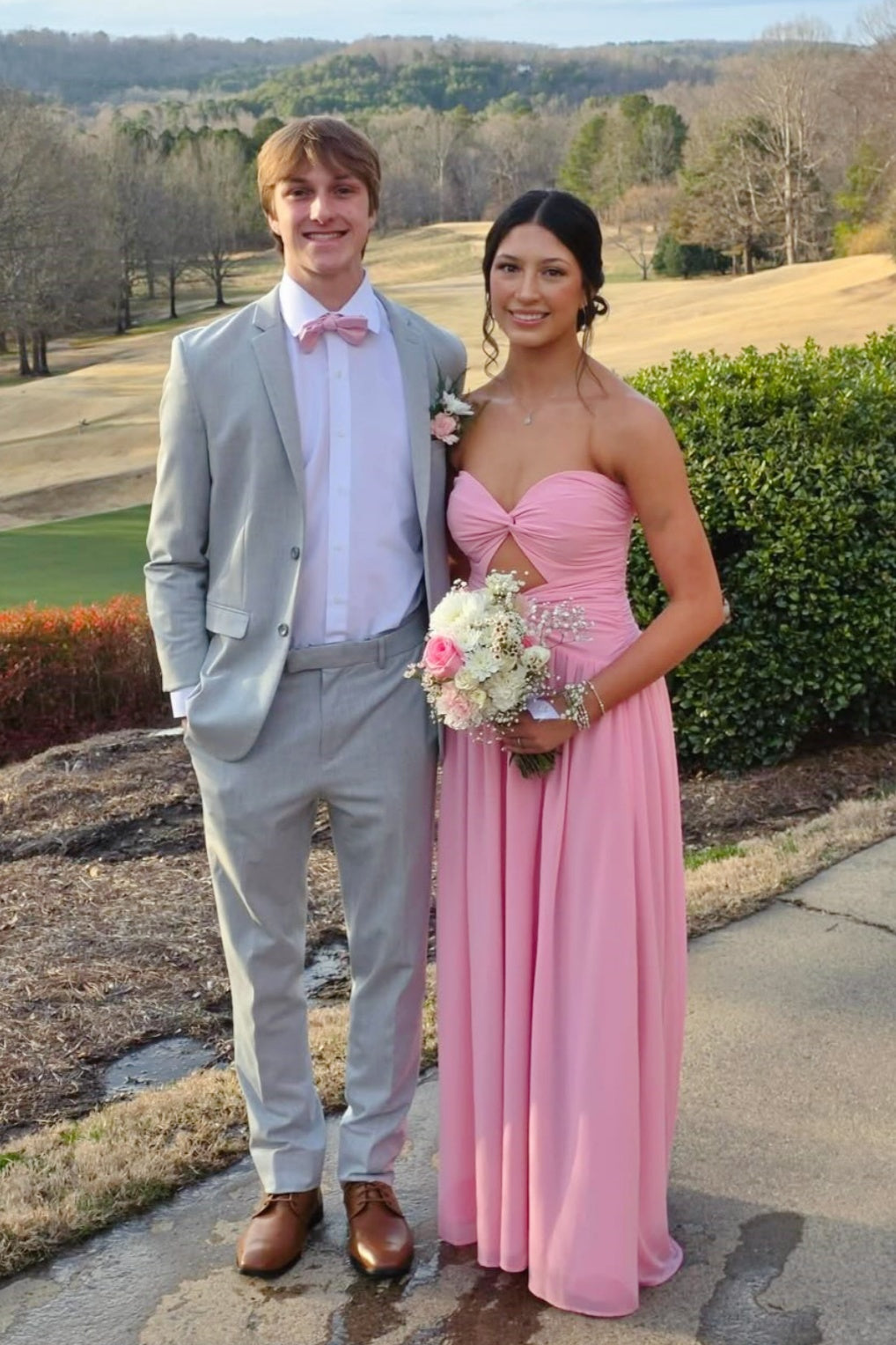 Pink A-Line Cutout Sweetheart Long Dress