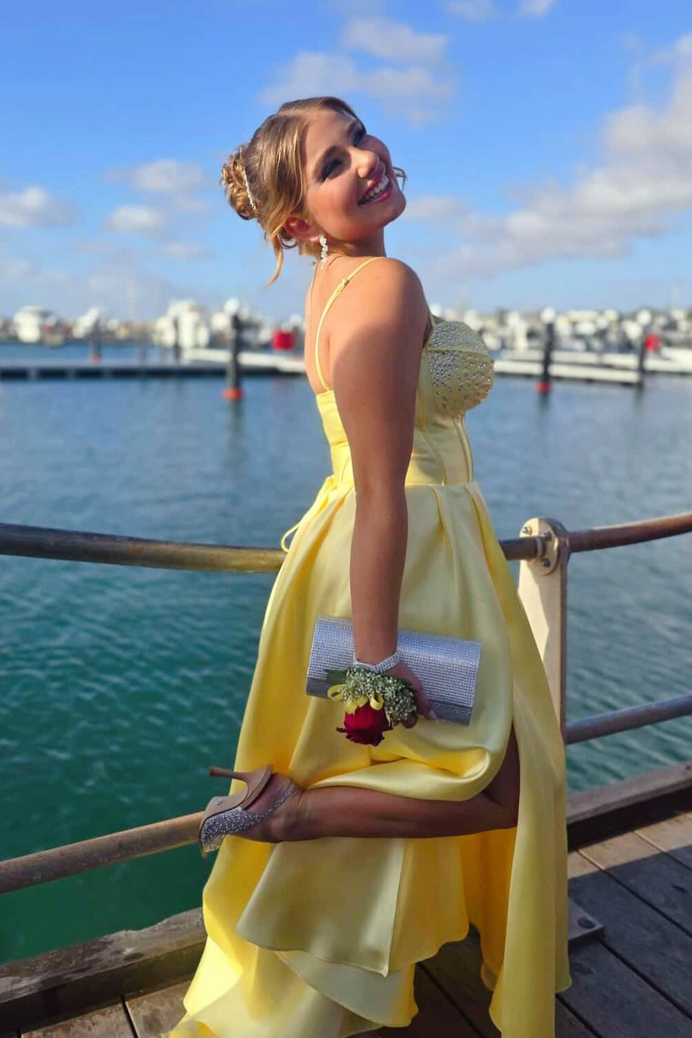 Yellow Sweetheart Beaded Satin A-Line Maxi Dress