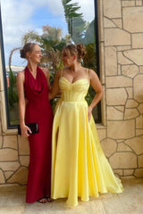 Yellow Sweetheart Beaded Satin A-Line Maxi Dress