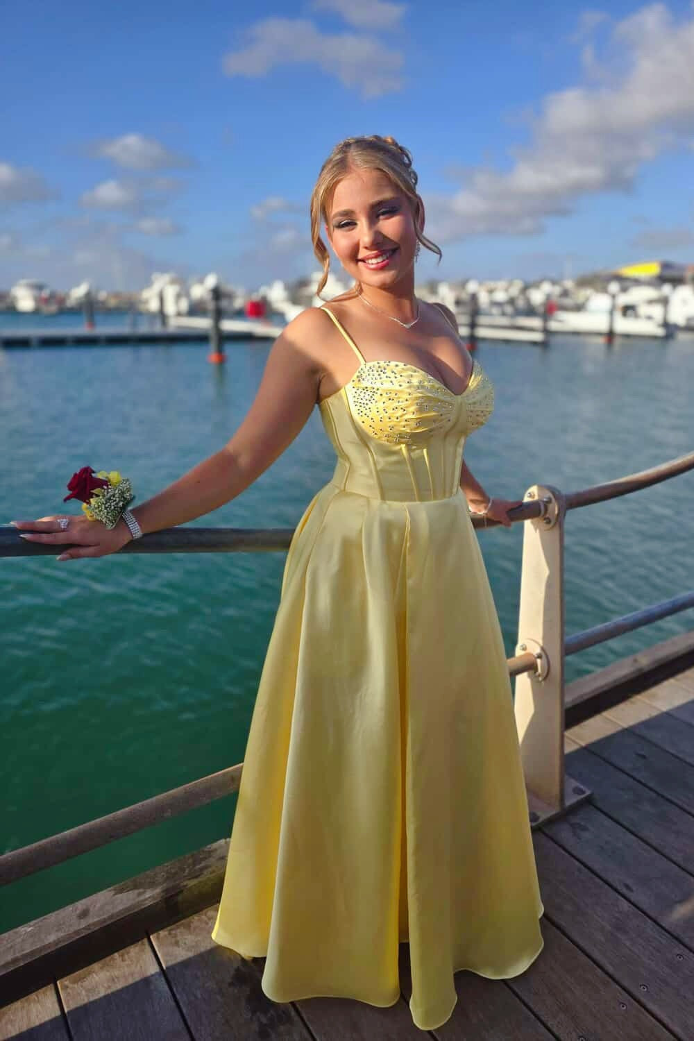 Yellow Sweetheart Beaded Satin A-Line Maxi Dress