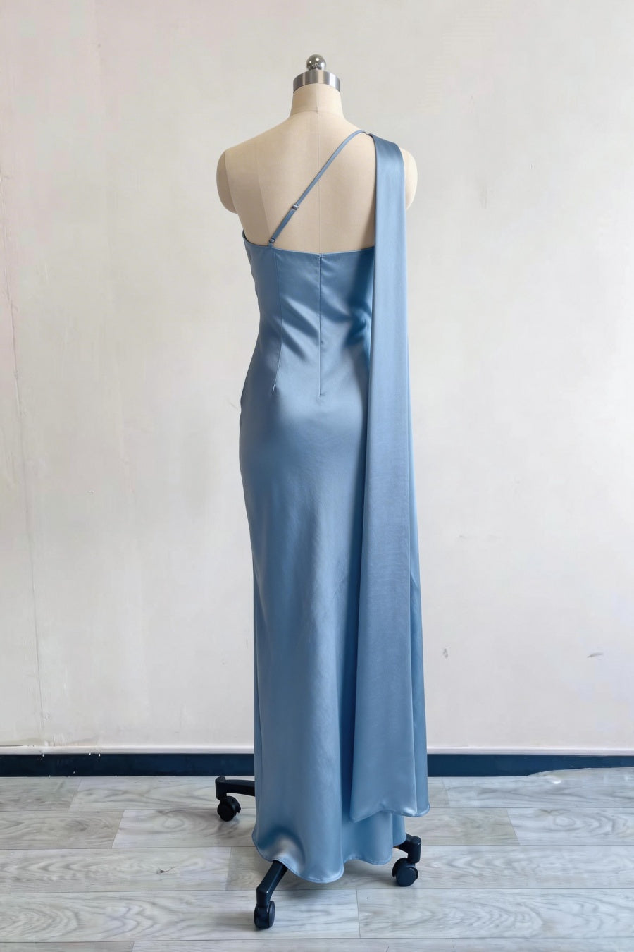 Light Blue Satin Fitted One-Shoulder Bridesmaid Dress