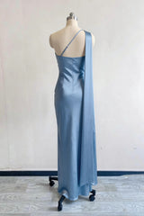 Light Blue Satin Fitted One-Shoulder Bridesmaid Dress