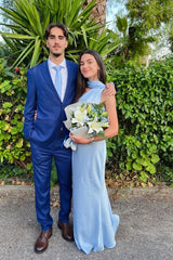 Light Blue Satin Fitted One-Shoulder Bridesmaid Dress