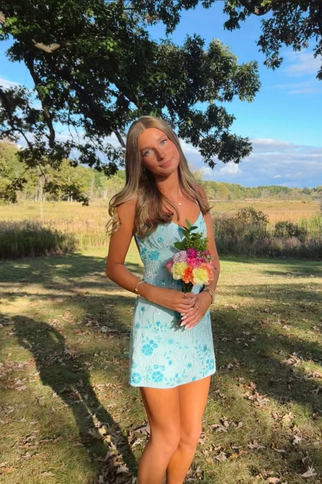 Orange Sequin Floral  A-Line Mini Dress