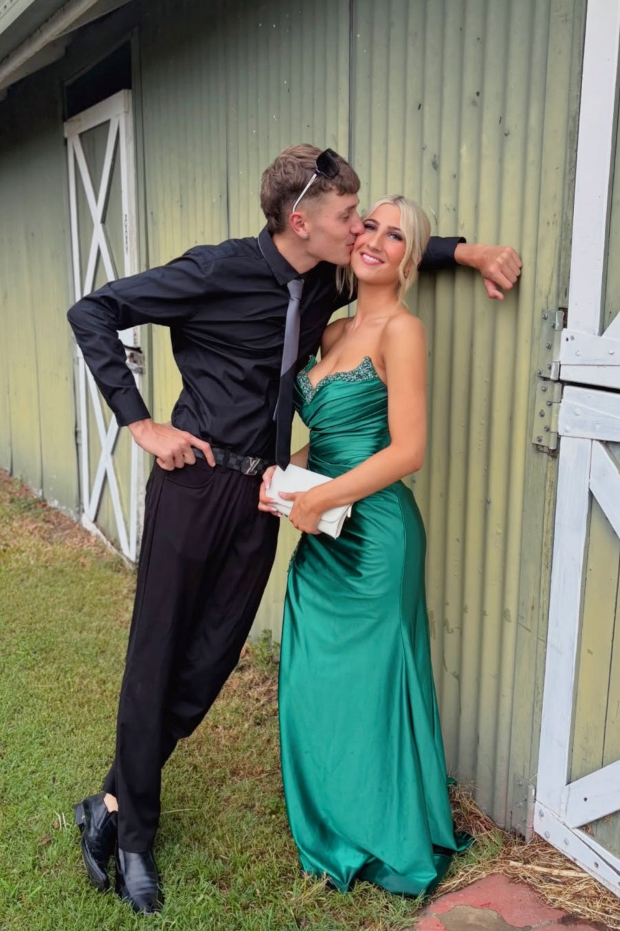 Dark Green Strapless Beaded Satin Mermaid Evening Gown