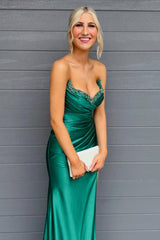 Dark Green Strapless Beaded Satin Mermaid Evening Gown