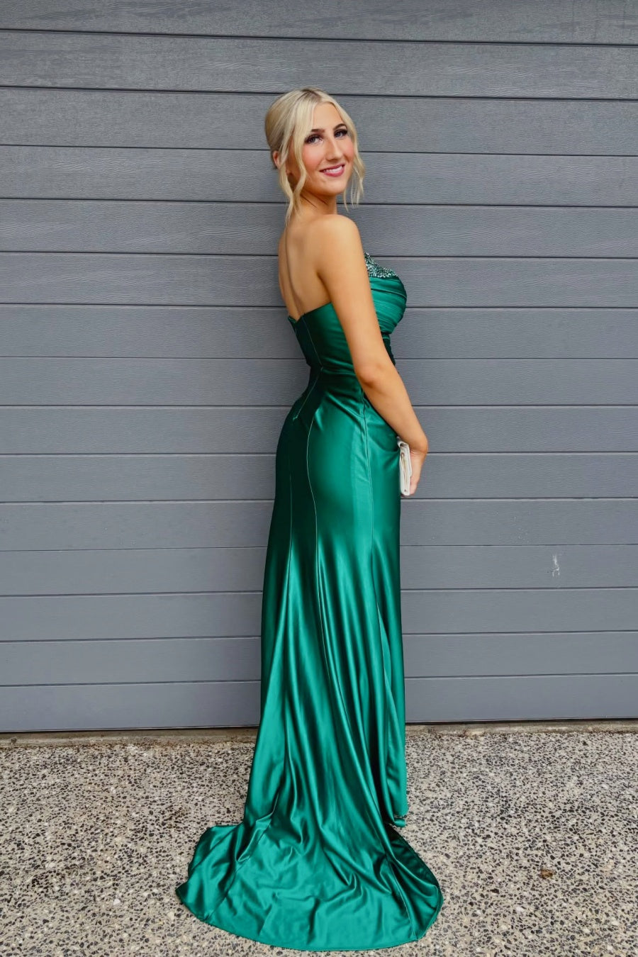 Dark Green Strapless Beaded Satin Mermaid Evening Gown