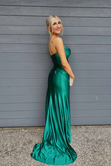 Dark Green Strapless Beaded Satin Mermaid Evening Gown