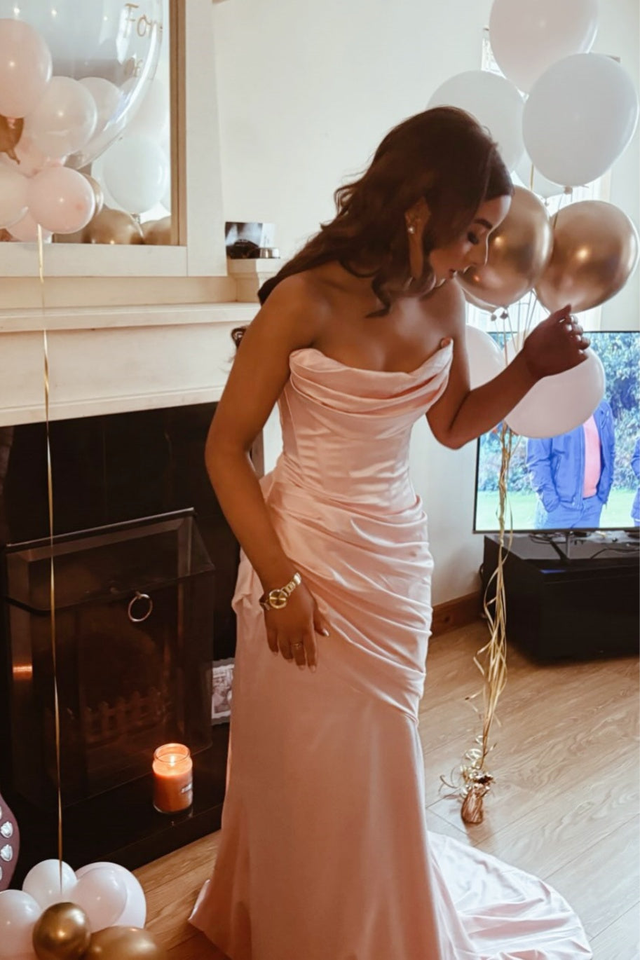 Red Satin Strapless Pleated Cowl Neck Fitted Maxi Dress