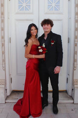 Red Satin Strapless Pleated Cowl Neck Fitted Maxi Dress