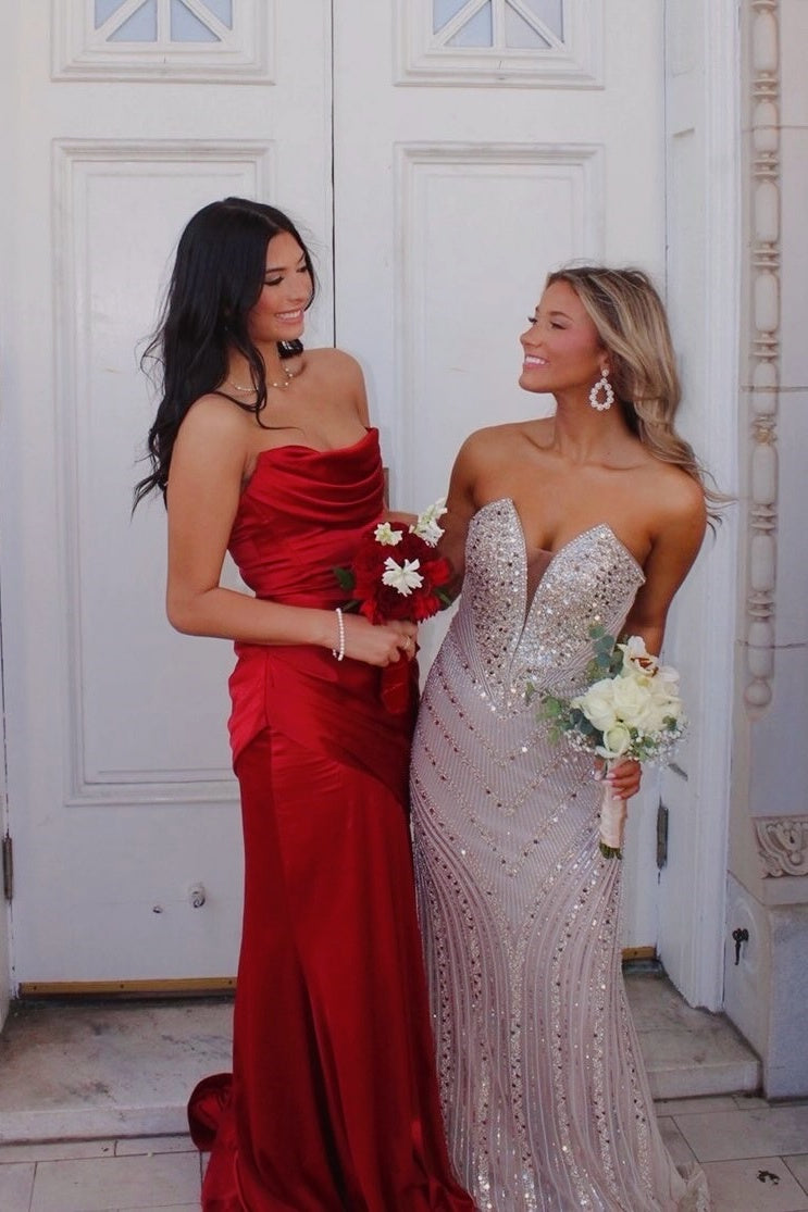 Red Satin Strapless Pleated Cowl Neck Fitted Maxi Dress