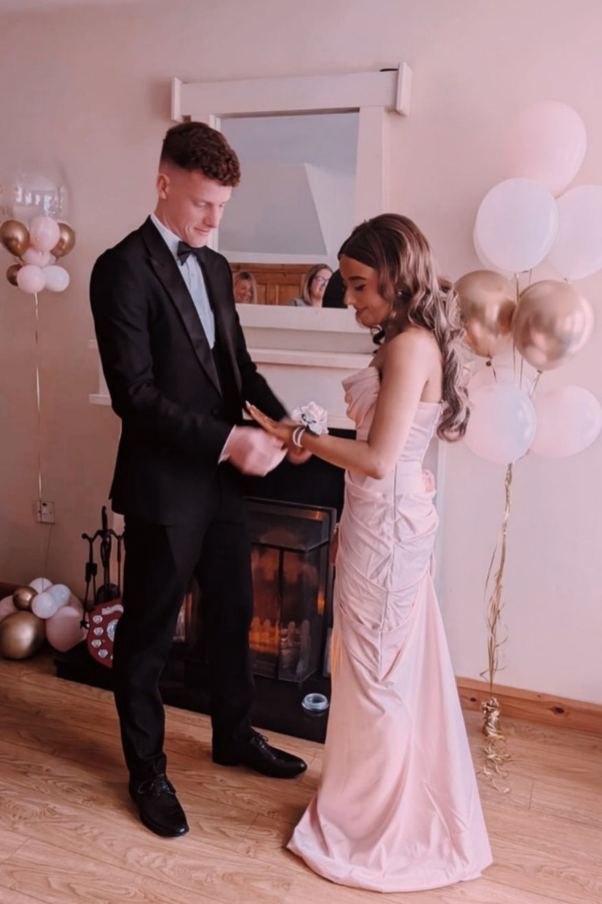 Red Satin Strapless Pleated Cowl Neck Fitted Maxi Dress