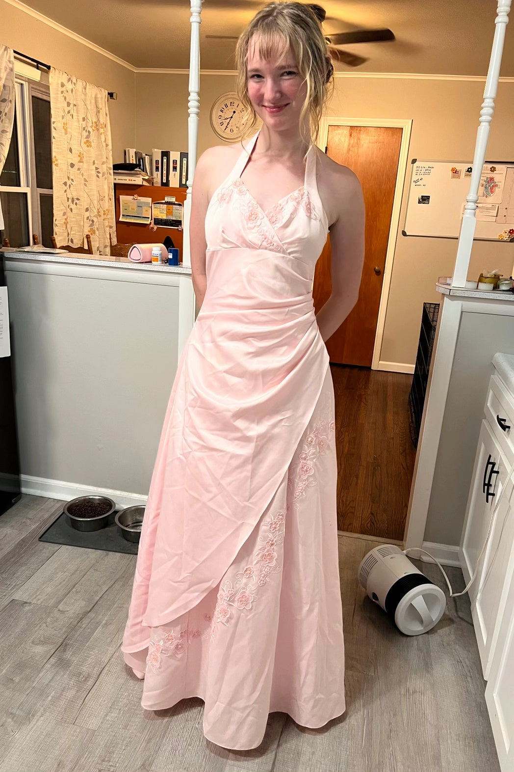 Pink Soft Satin Halter V-Neck A-Line Dress