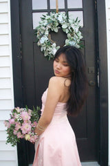 Pink Soft Satin Halter V-Neck A-Line Dress