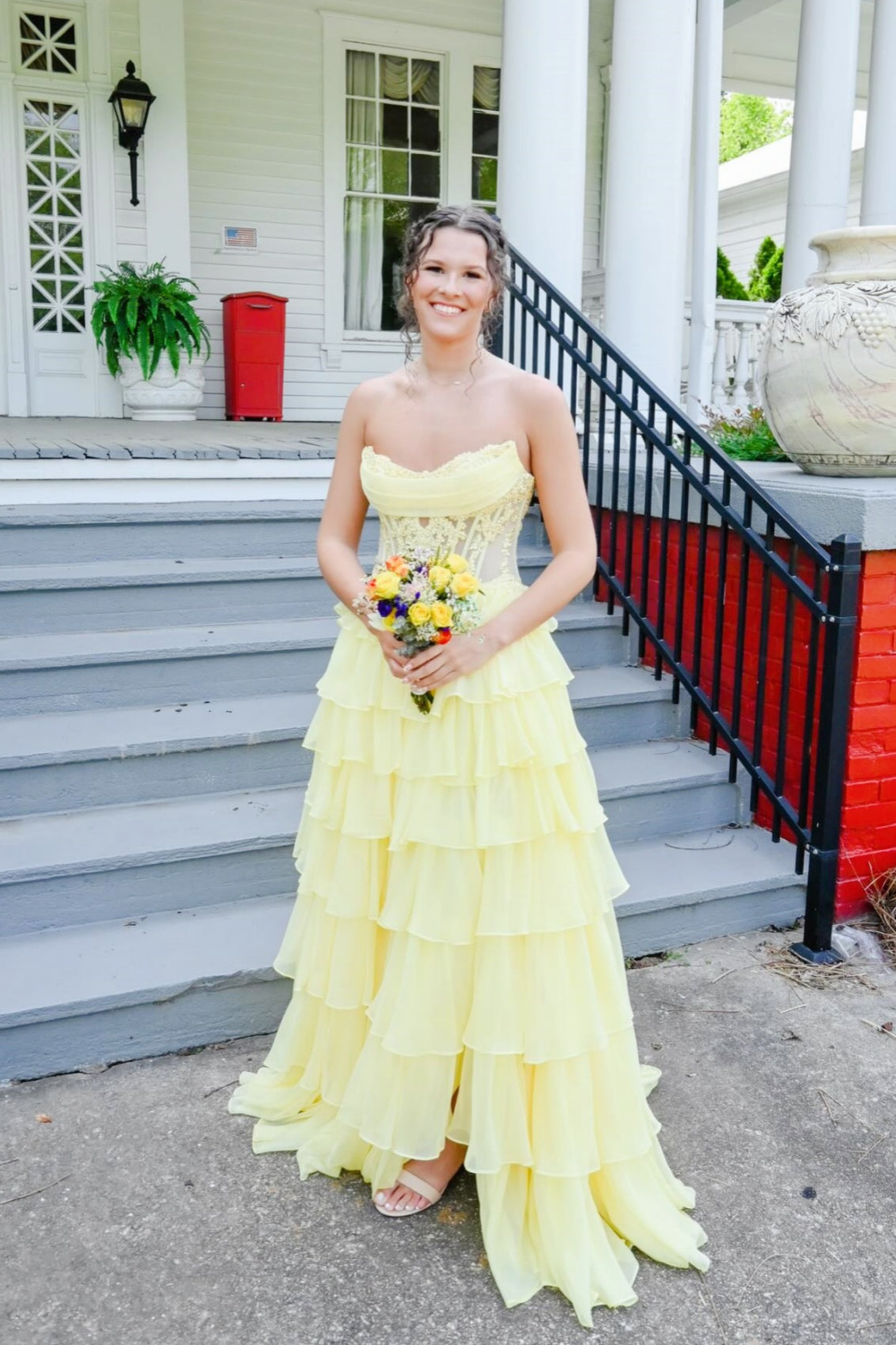 Strapless Appliques Ruffle A-line Prom Dress