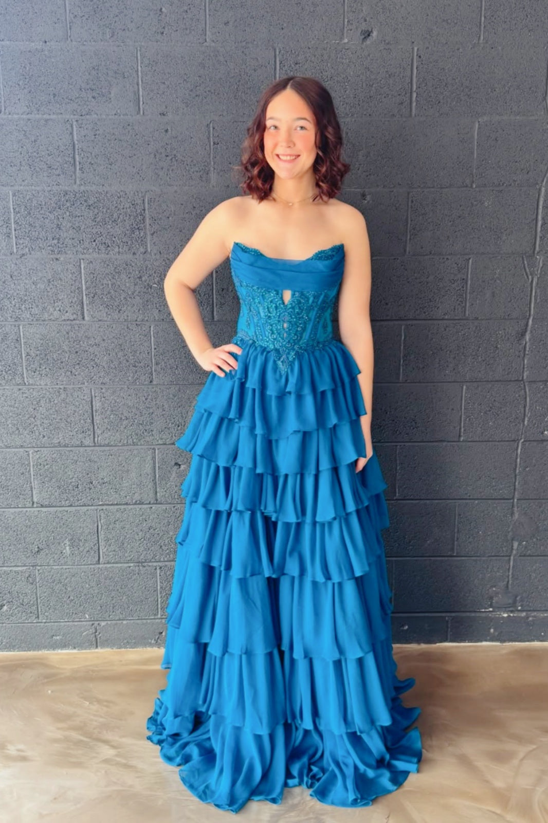 Strapless Appliques Ruffle A-line Prom Dress