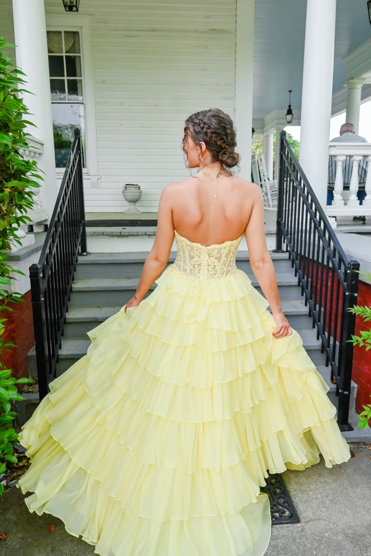 Strapless Appliques Ruffle A-line Prom Dress