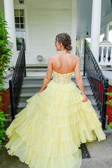 Strapless Appliques Ruffle A-line Prom Dress