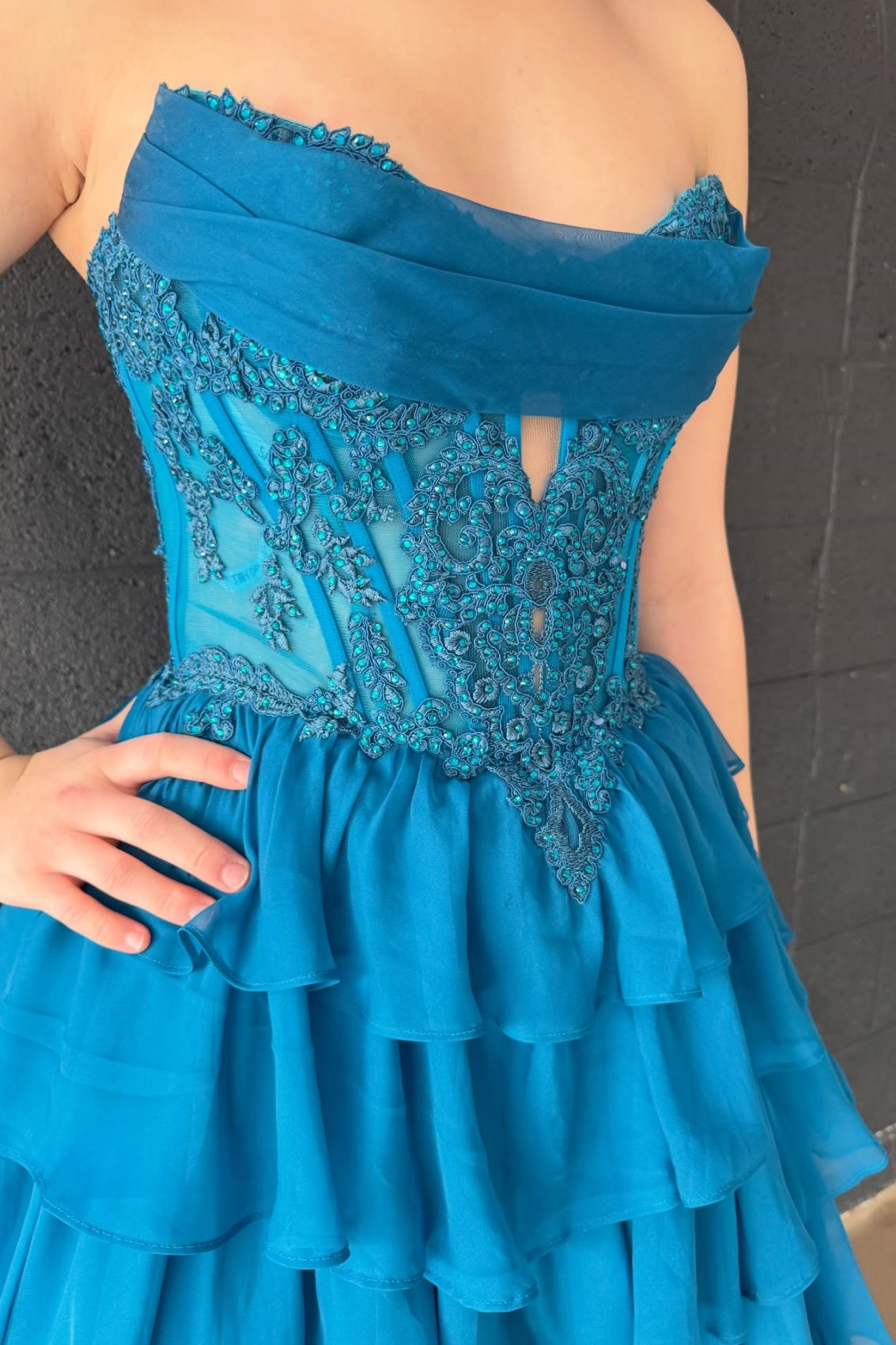Strapless Appliques Ruffle A-line Prom Dress
