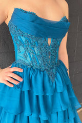 Strapless Appliques Ruffle A-line Prom Dress