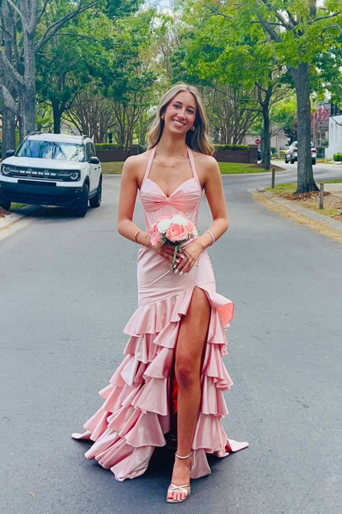 Navy Blue Halter Ruffle Fitted Prom Dress