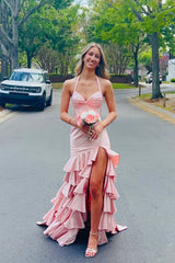 Navy Blue Halter Ruffle Fitted Prom Dress
