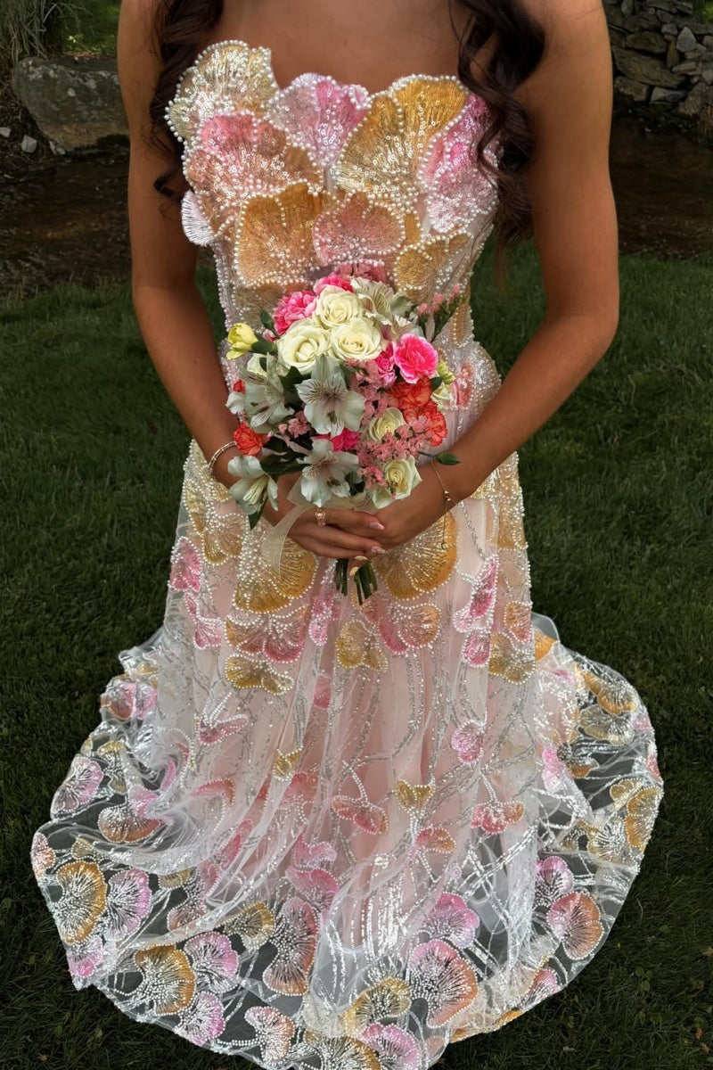 Floral Strapless A-Line Tulle Gown