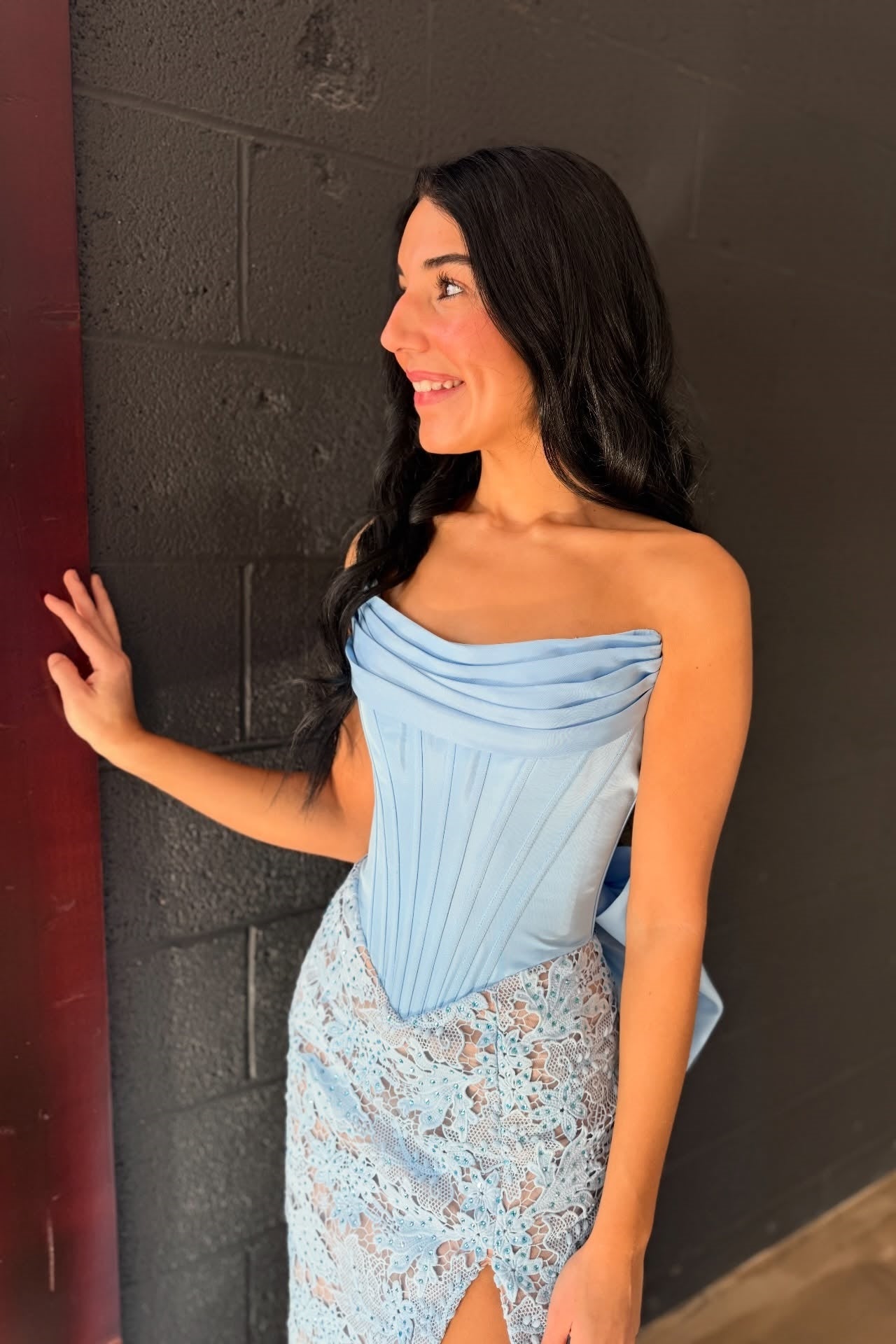 Blue Strapless Bow Fitted Gown